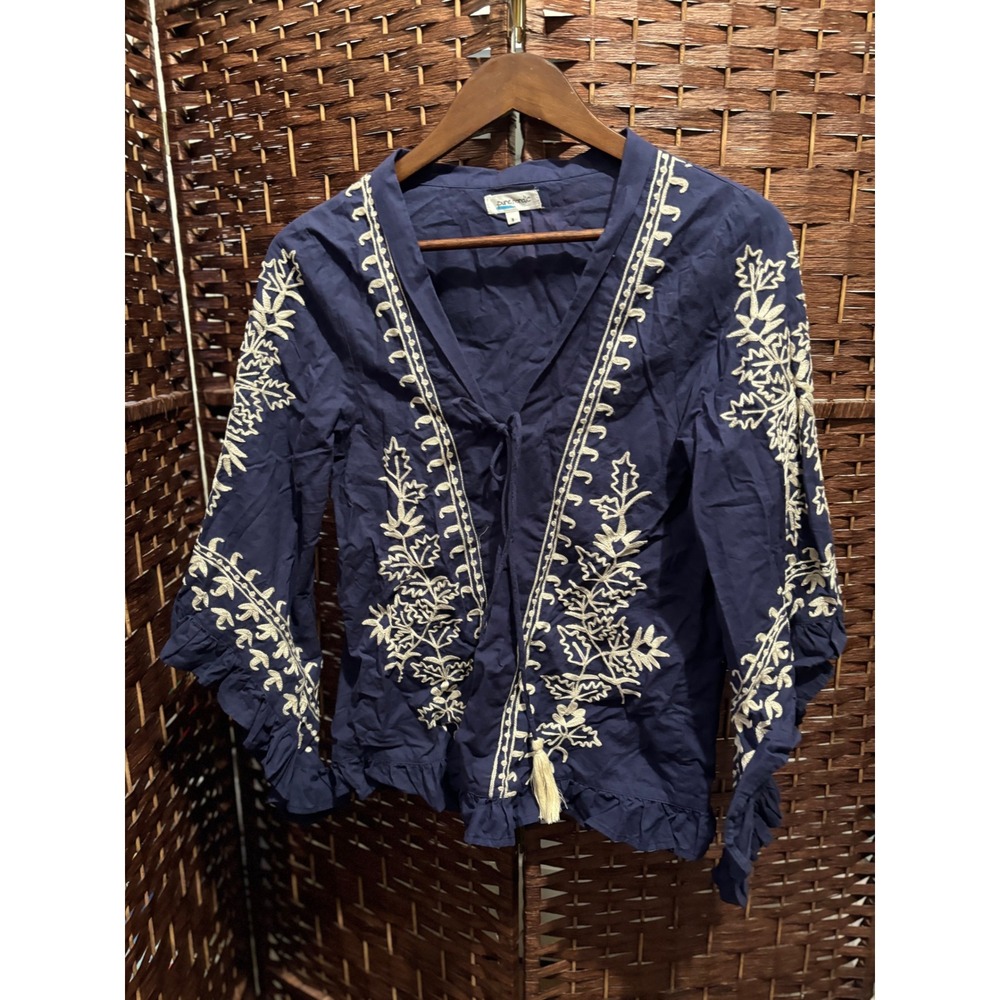 Embroidered Navy Blue Blouse Top with Tassels Bohemian Style